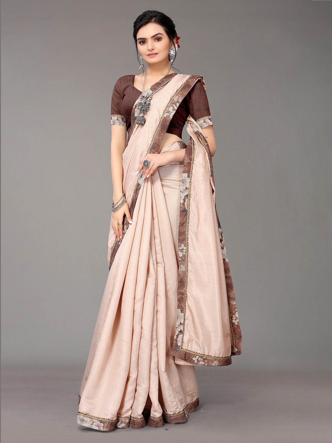 

KALINI Beige & Brown Poly Silk Emblished Border Work Saree With Blouse