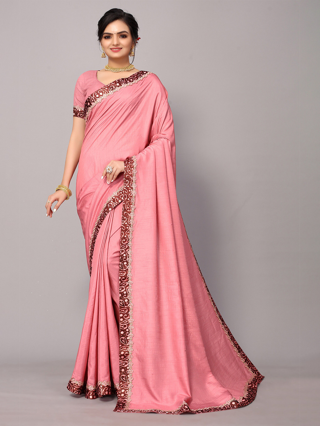 

KALINI Women Pink Printed Border Work Saree With Matching Blouse