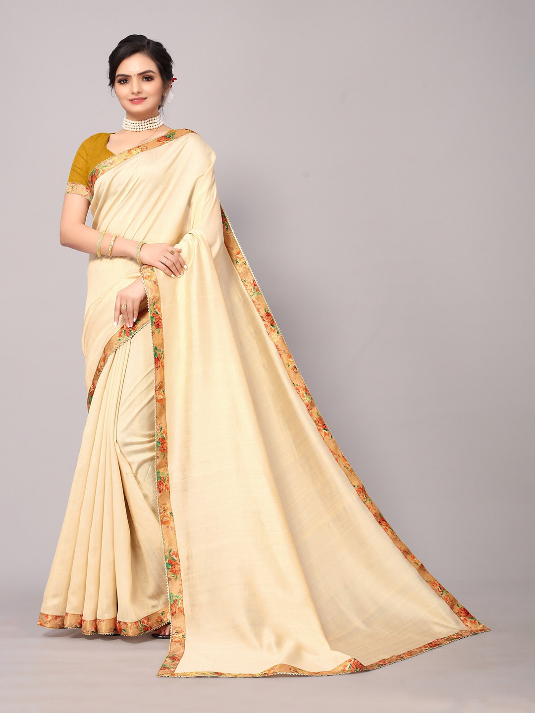 

KALINI Women Beige & Orange Saree With Unstitched Blouse Piece