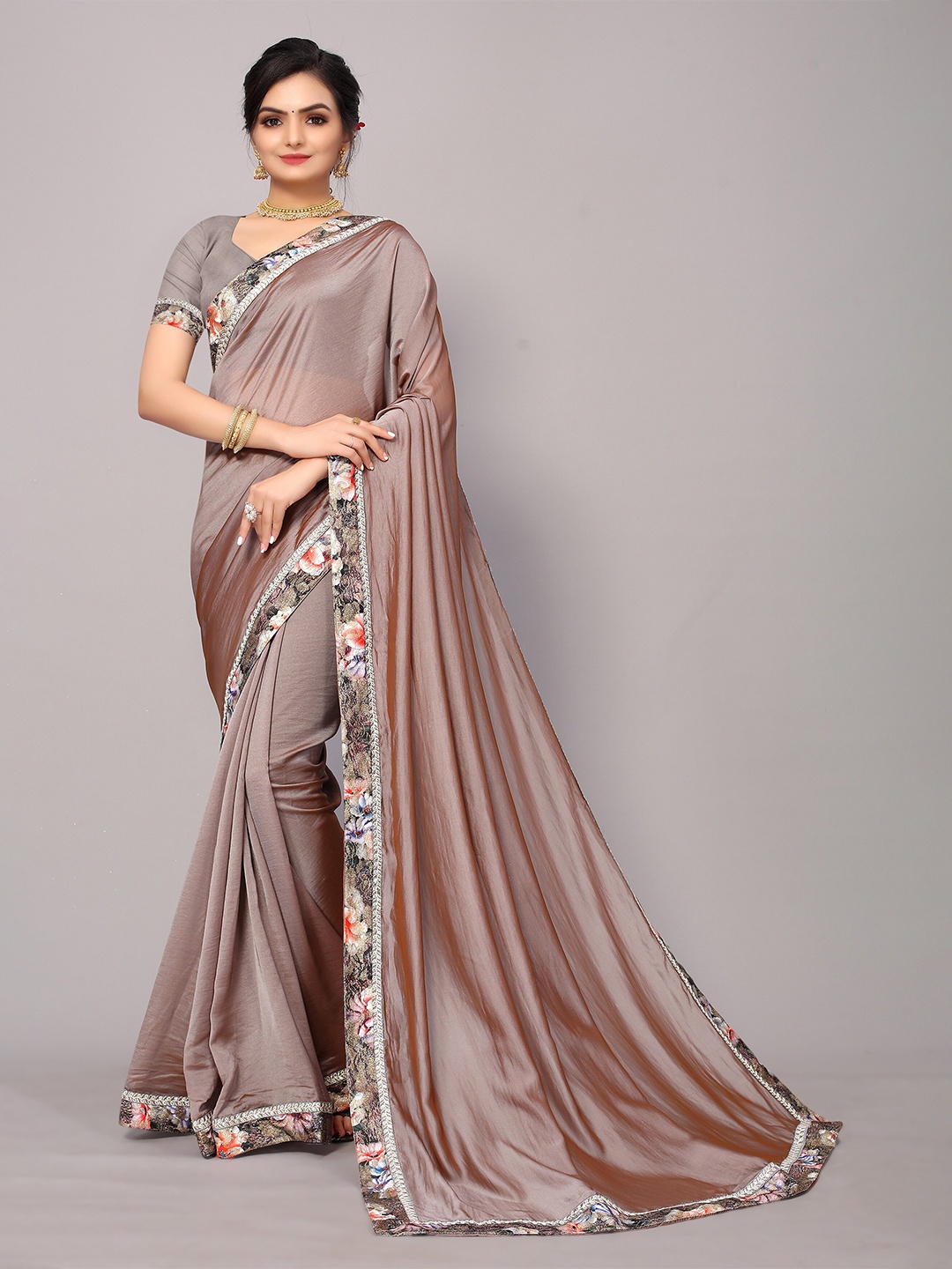 

KALINI Coffee Brown & Green Sequinned Saree