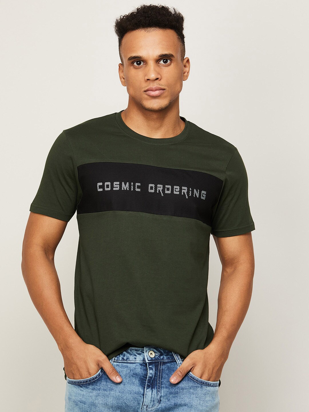 

Bossini Men Olive Green Typography Printed Cotton Slim Fit T-shirt