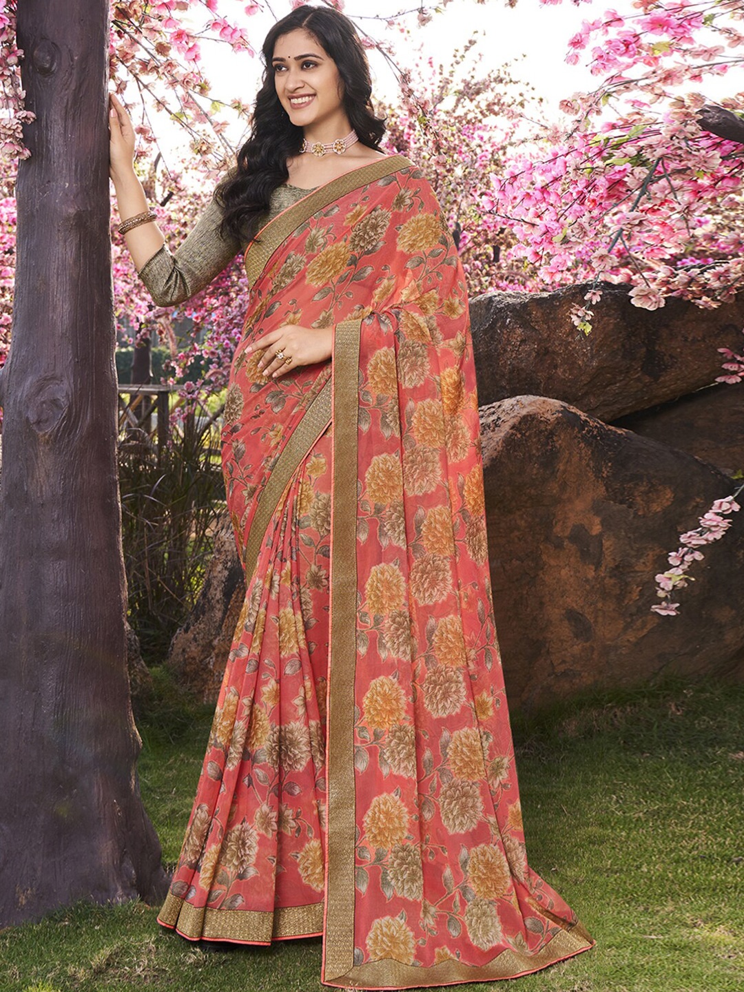 

Shaily Peach-Coloured & Yellow Floral Brasso Saree with Border