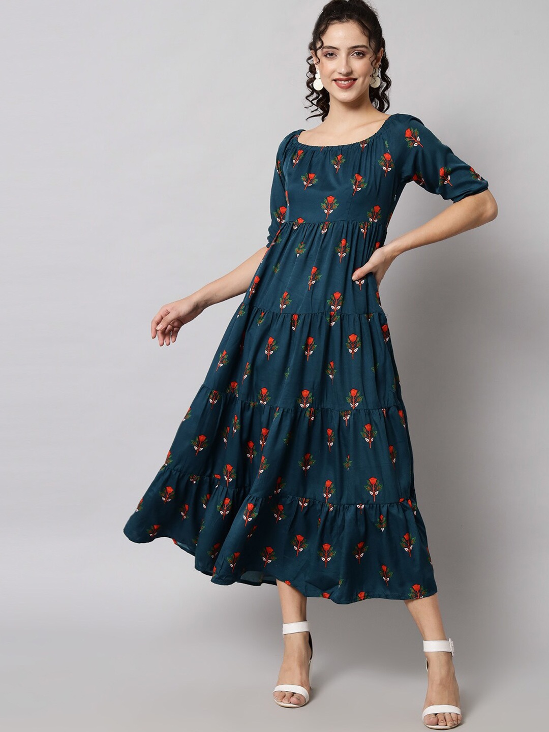 

emeros Women Teal Floral Layered Crepe Maternity Maxi Dress