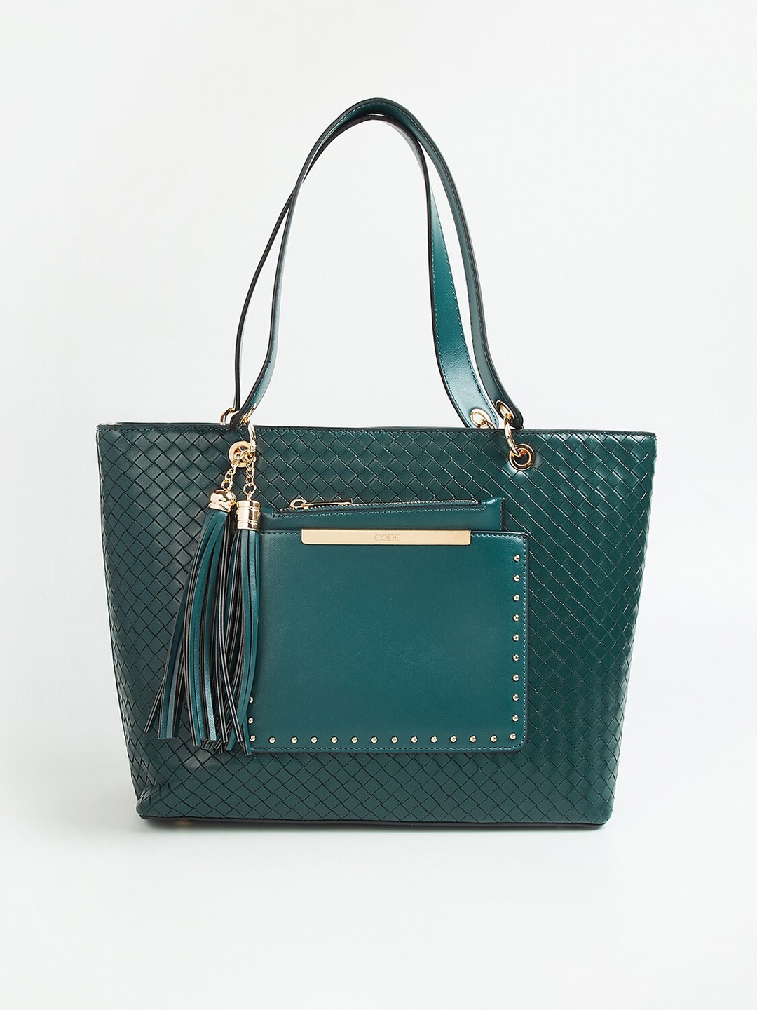 

CODE by Lifestyle Teal Textured Oversized Structured Shoulder Bag with Tasselled