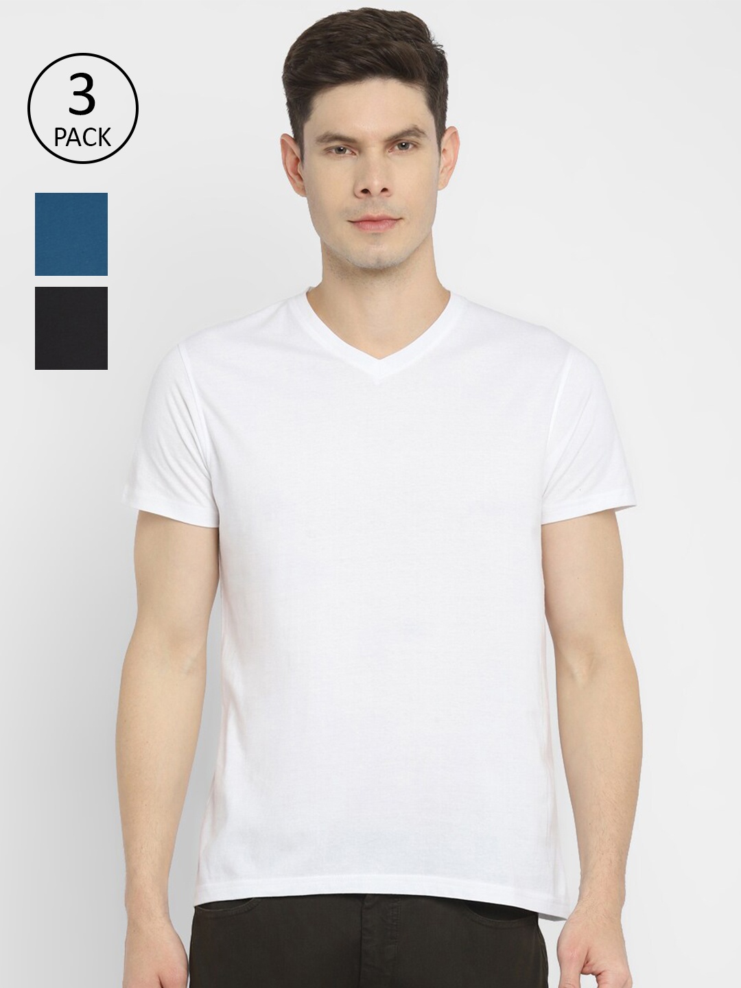 

American Crew Men Set Of 3 White & Blue Solid V-Neck T-shirt