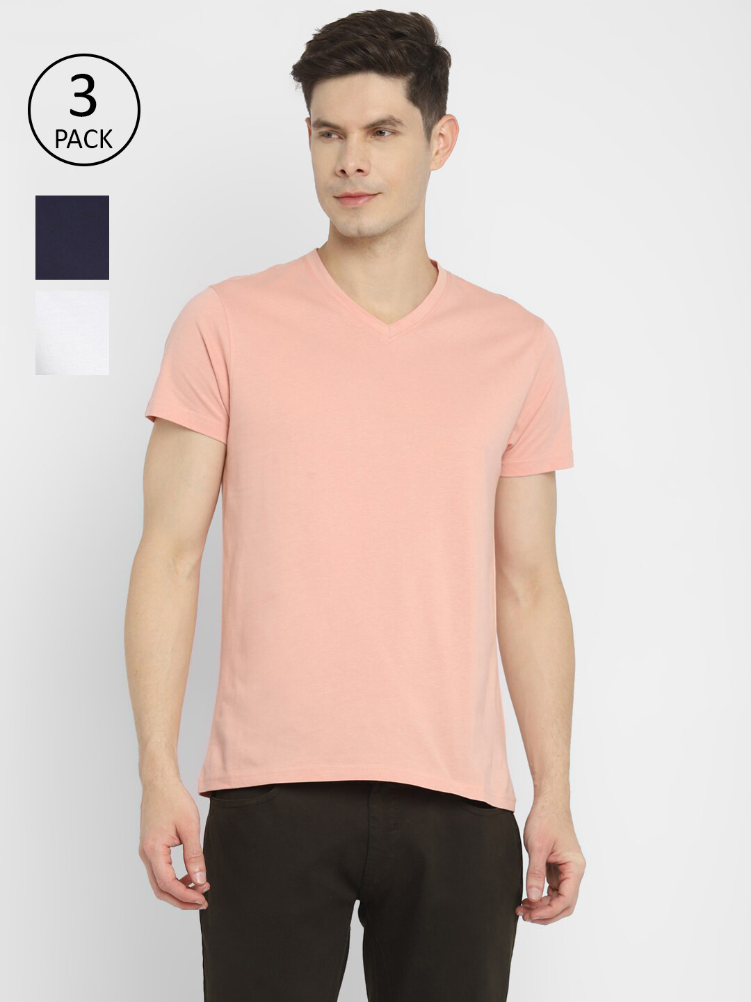 

American Crew Men White & Navy Blue Pack Of 3 V-Neck T-shirt