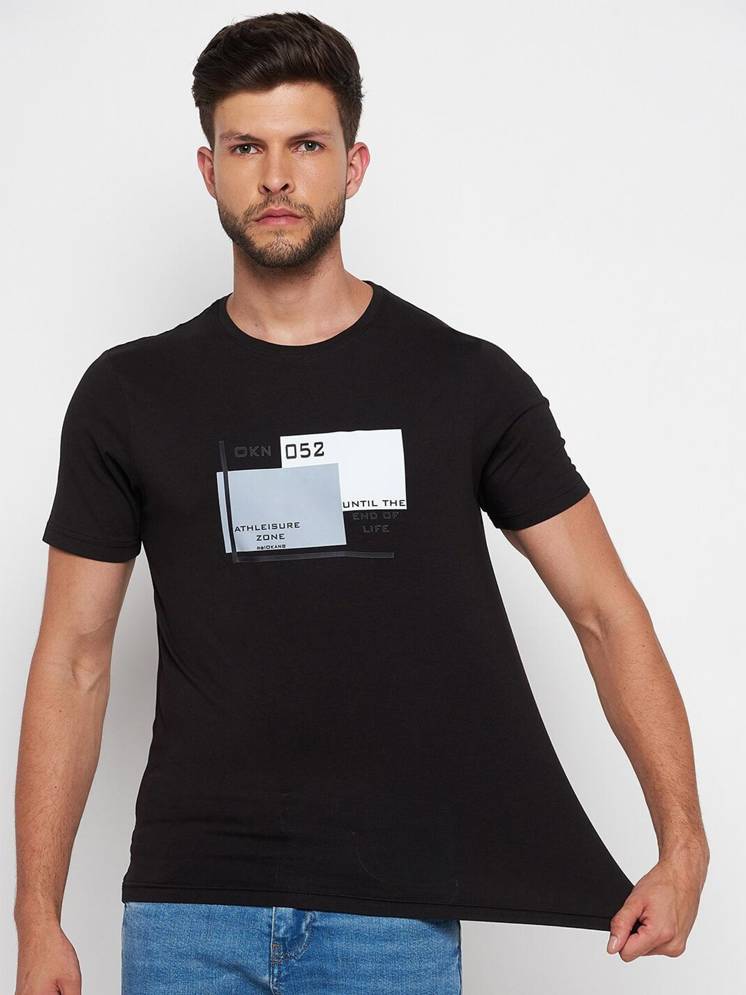 

Okane Men Black Typography Printed Cotton T-shirt