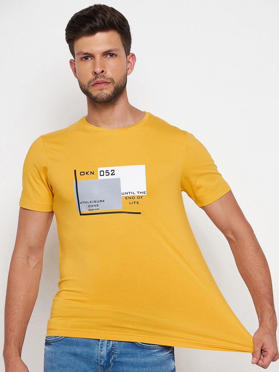 

Okane Men Yellow Typography Printed Cotton T-shirt