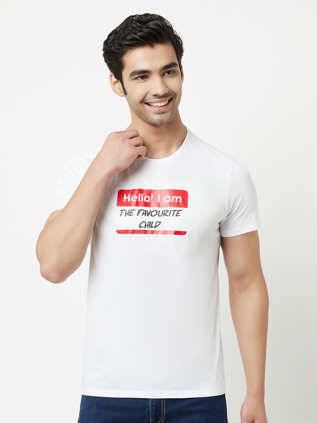

EDRIO Men White Typography Printed Pure Cotton T-shirt