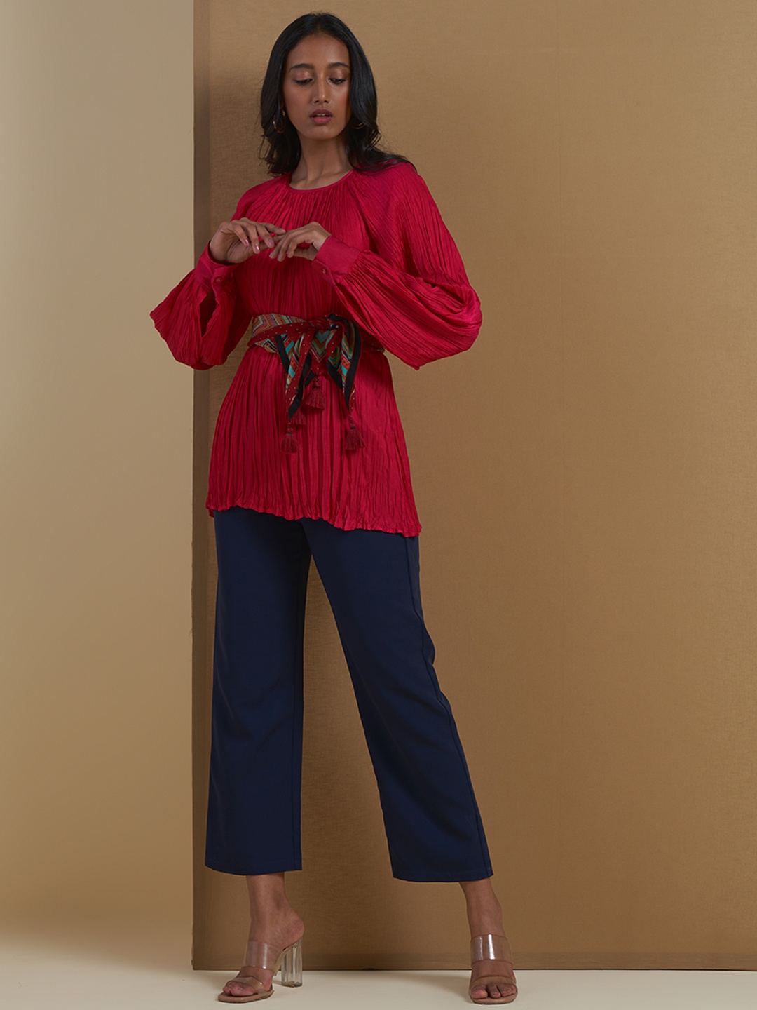 

Ritu Kumar Pink Solid Satin Longline Top