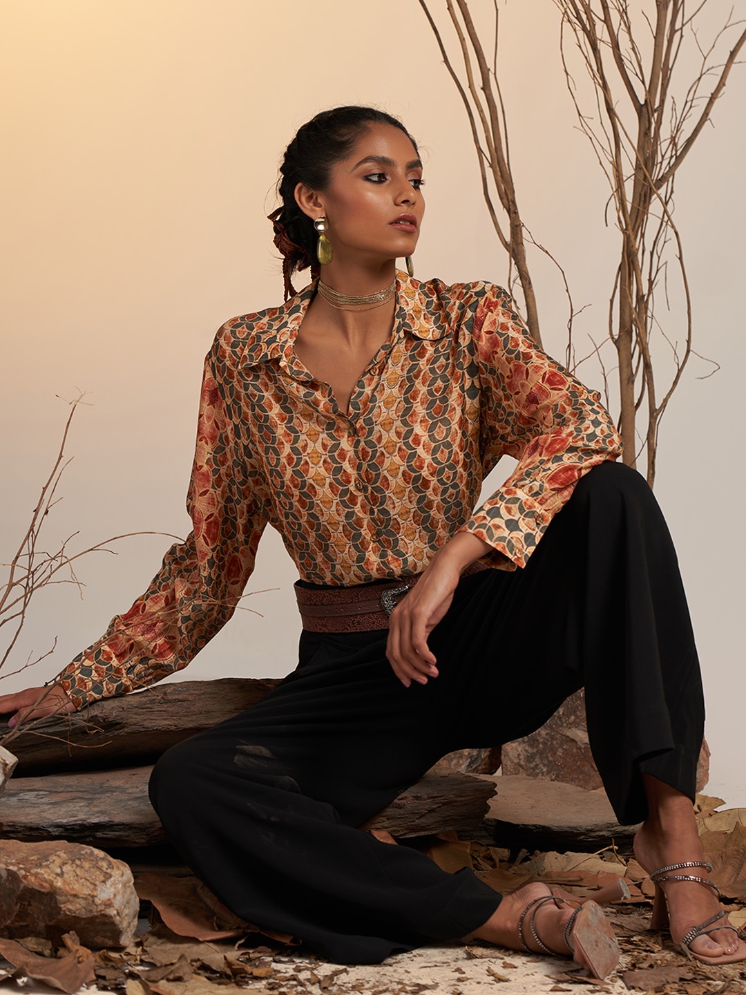 

Ritu Kumar Women Mustard Yellow & Green Printed Relaxed Casual Shirt