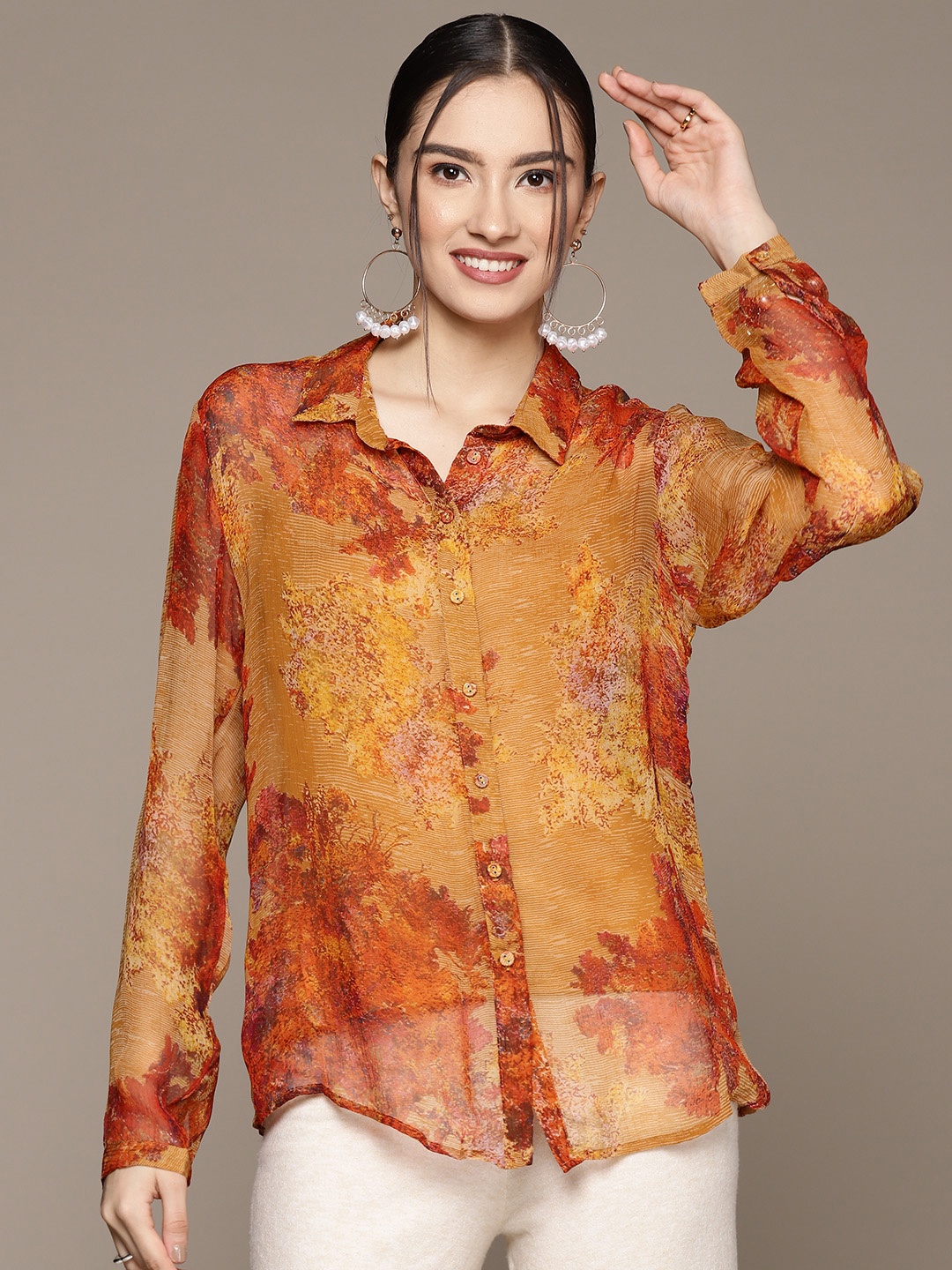 

Ritu Kumar Women Slim Fit Floral Printed Sheer Casual Shirt with Camisole, Mustard