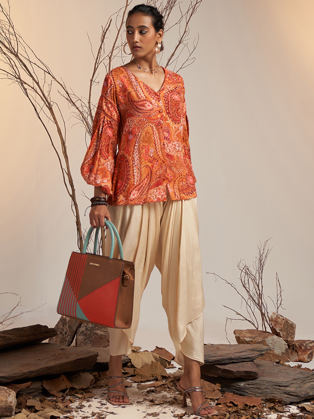 

Ritu Kumar Orange & Brown Paisley Print Top