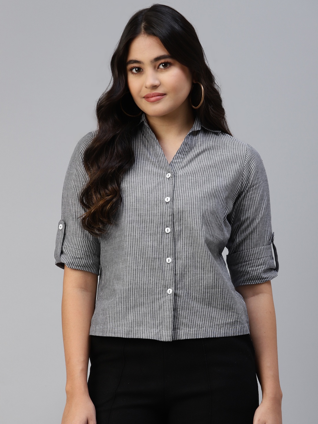 

Ayaany Women Black Striped Casual Shirt