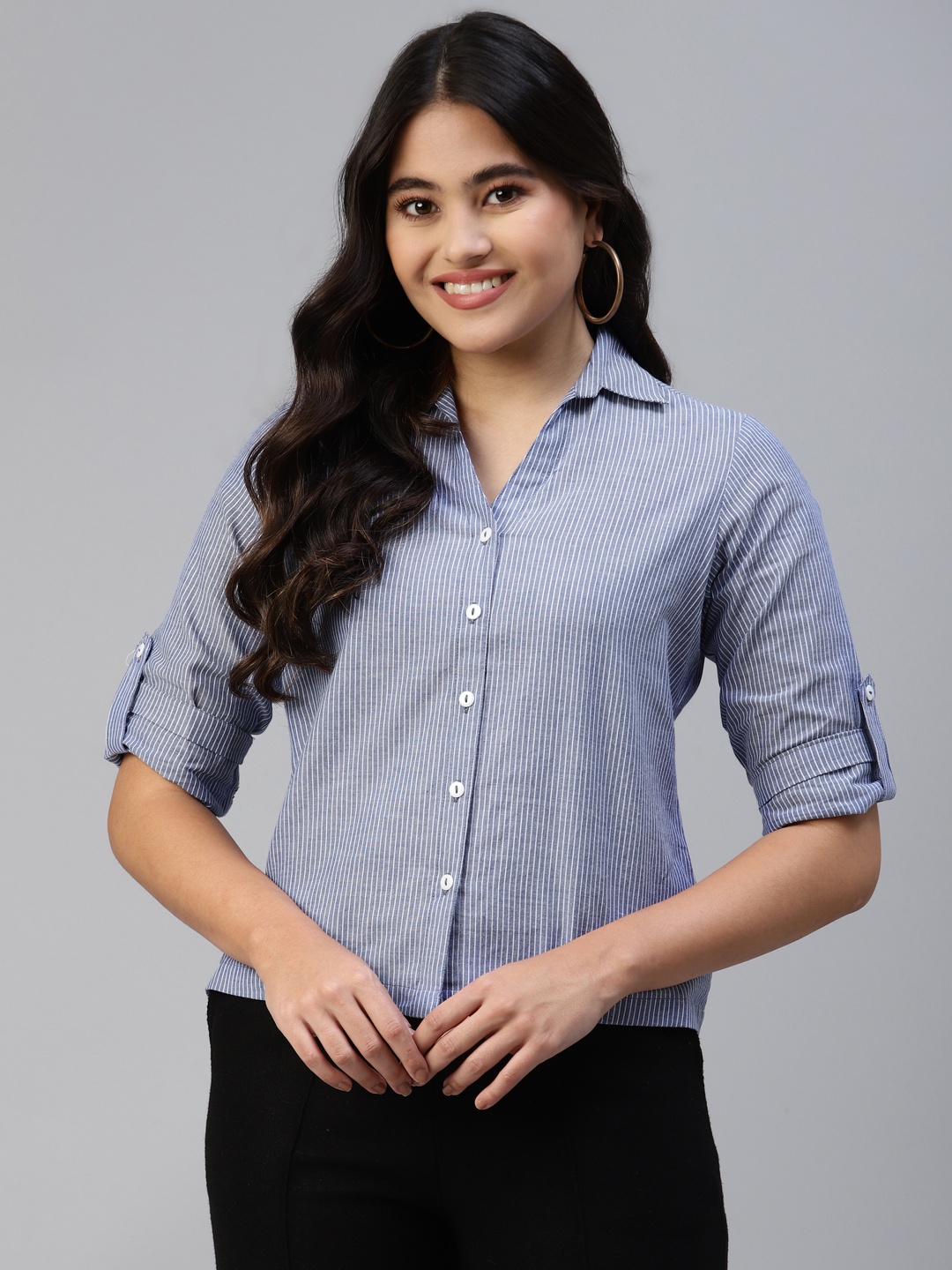 

Ayaany Women Blue Striped Casual Shirt