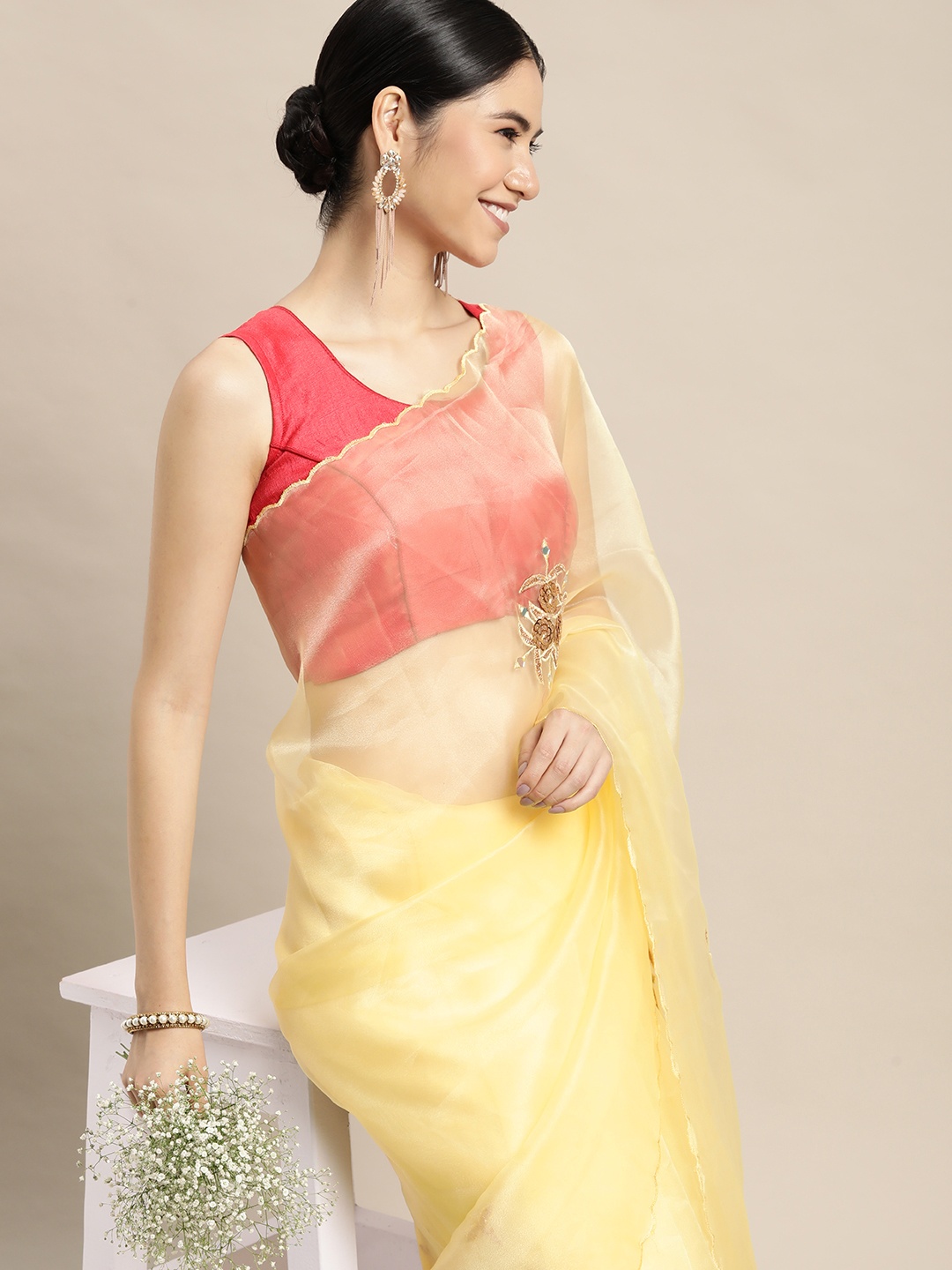 

VASTRANAND Yellow Floral Embroidered Organza Saree