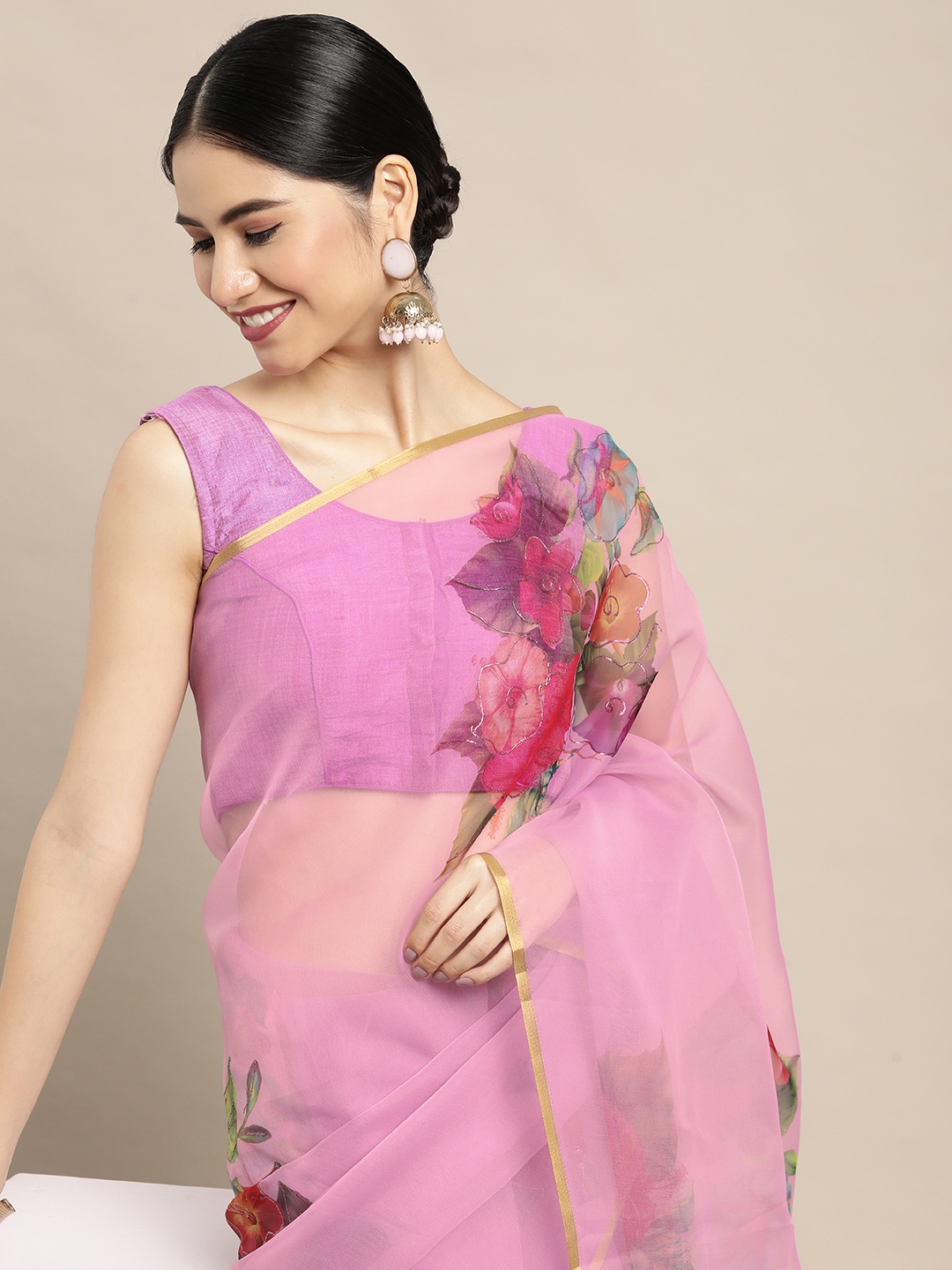 

VASTRANAND Lavender & Red Floral Printed Organza Saree