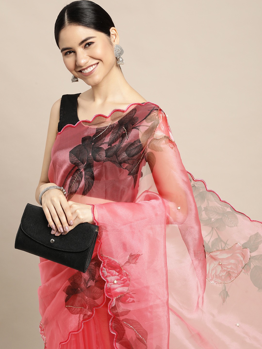 

VASTRANAND Pink & Black Floral Sequinned Organza Saree