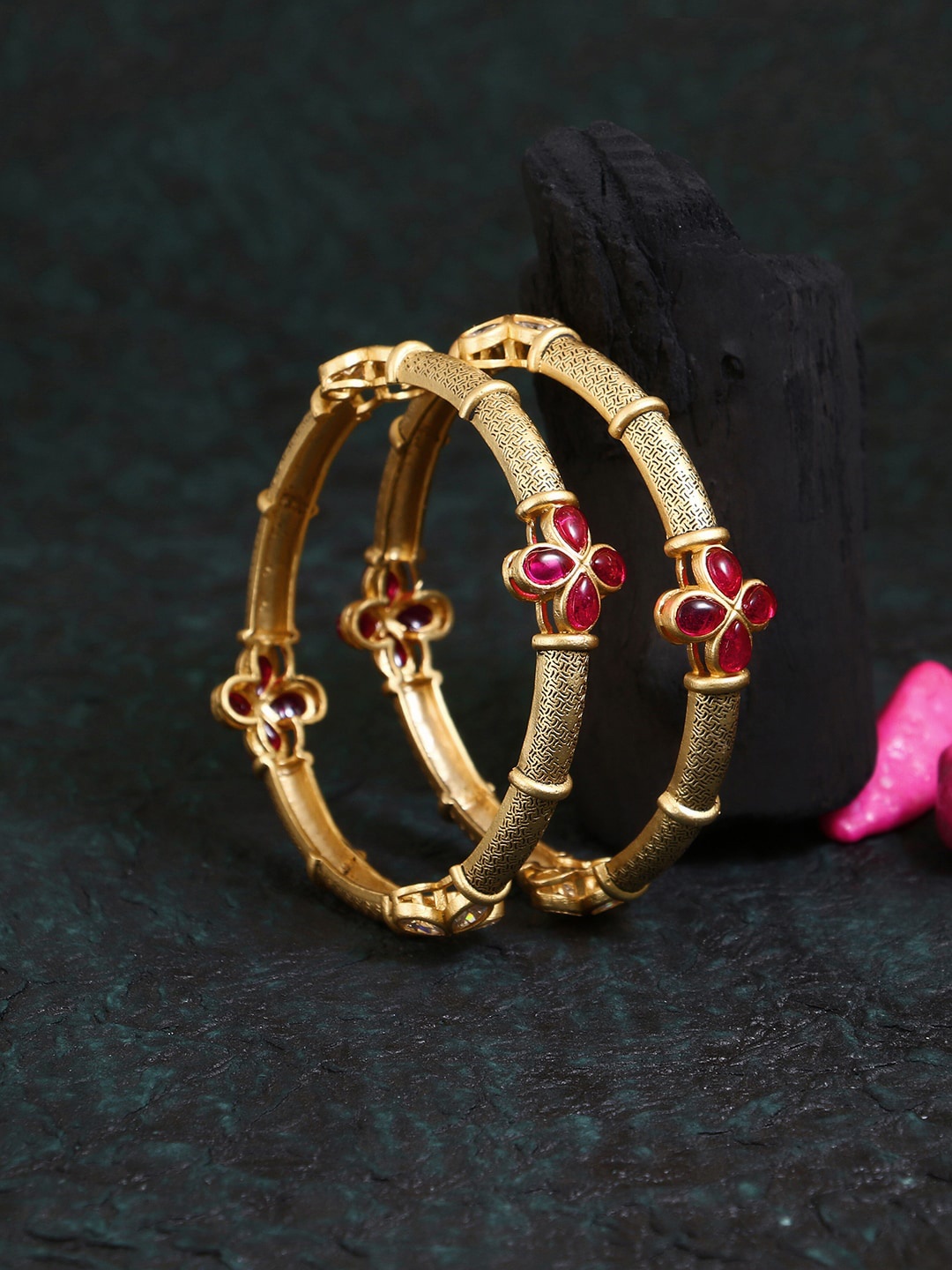 

Adwitiya Collection Set Of 2 24 CT Gold-Plated & Kundan Studded Bangles