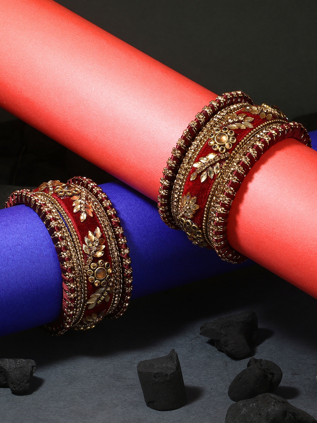 

Adwitiya Collection Women Maroon & gold Set of 10 Velvet Silk Thread Chuda Bangle Set
