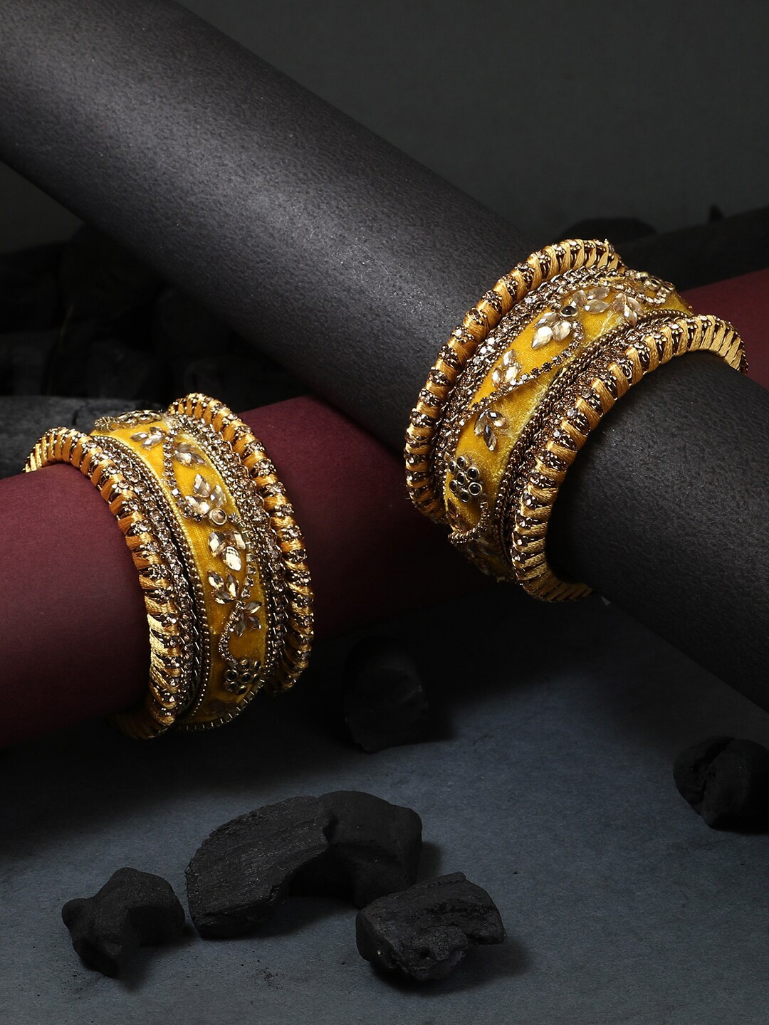 

Adwitiya Collection Women Yellow & Gold Set Of 10 Velvet Silk Thread Chuda Bangle Set