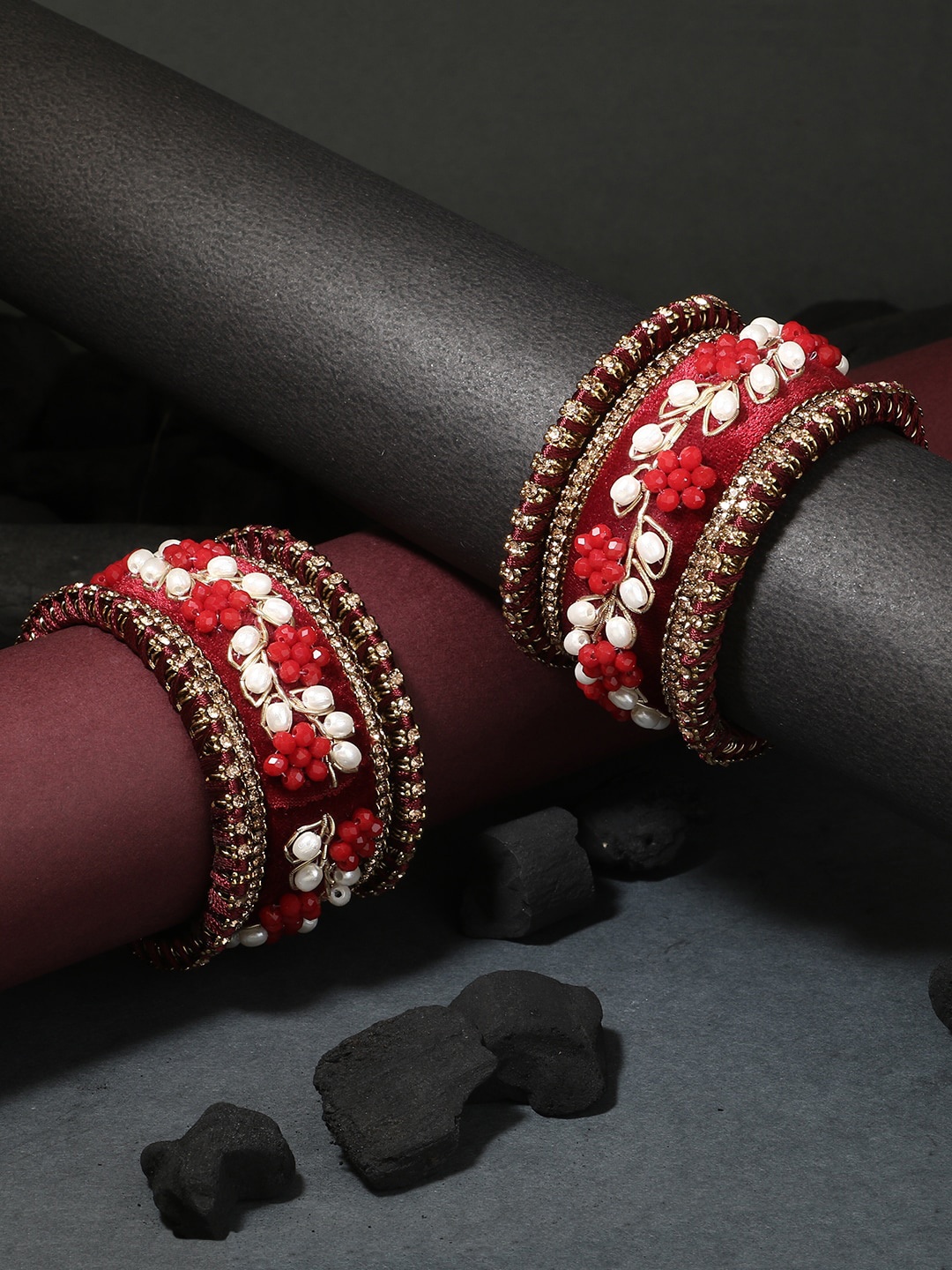 

Adwitiya Collection Set Of 10 Gold-Plated Red Kundan Studded & Flower Velvet Silk Thread Chuda Bangle