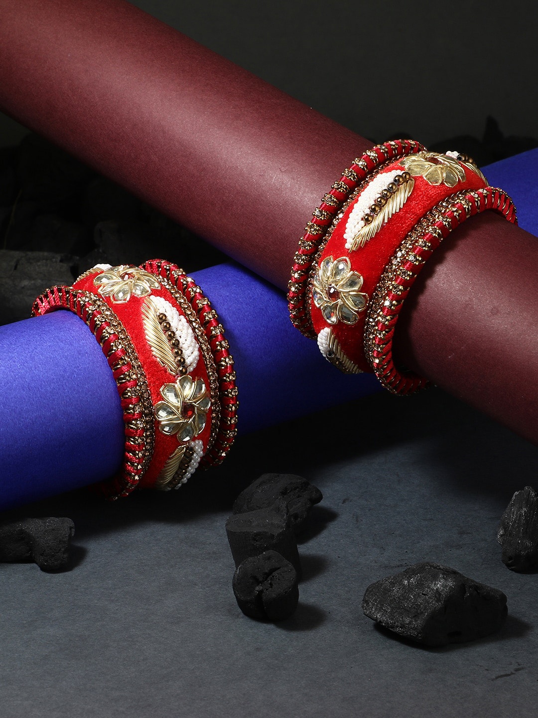 

Adwitiya Collection Set Of 10 Gold-Plated &Red & White Velvet Silk Thread Chuda Bangle Set