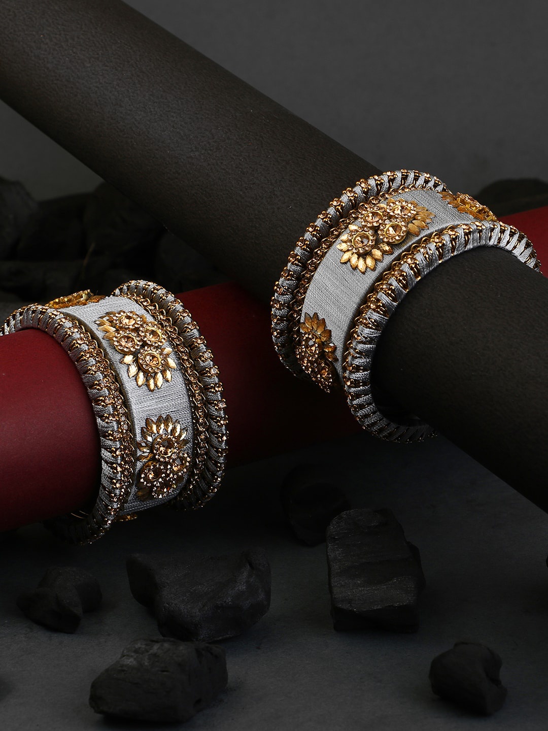 

Adwitiya Collection Set Of 10 24 CT Gold-Plated & Grey Stone-Studded Bangles