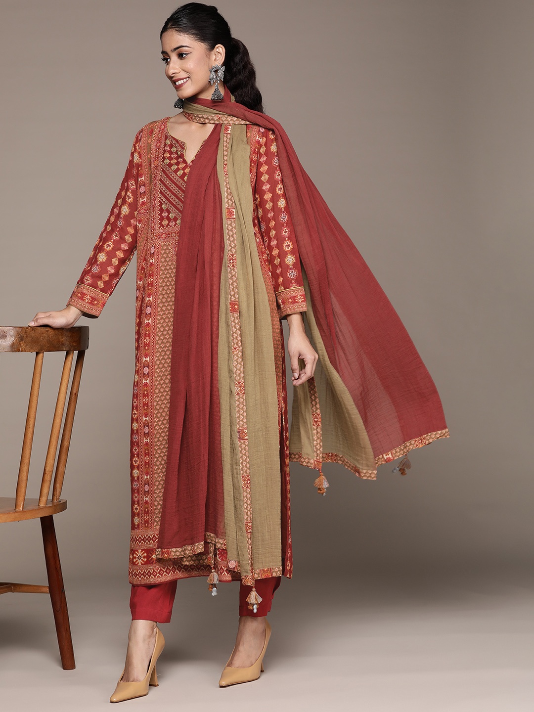 

Ritu Kumar Women Rust Ethnic Motifs Printed Kurta with Trousers & With Dupatta