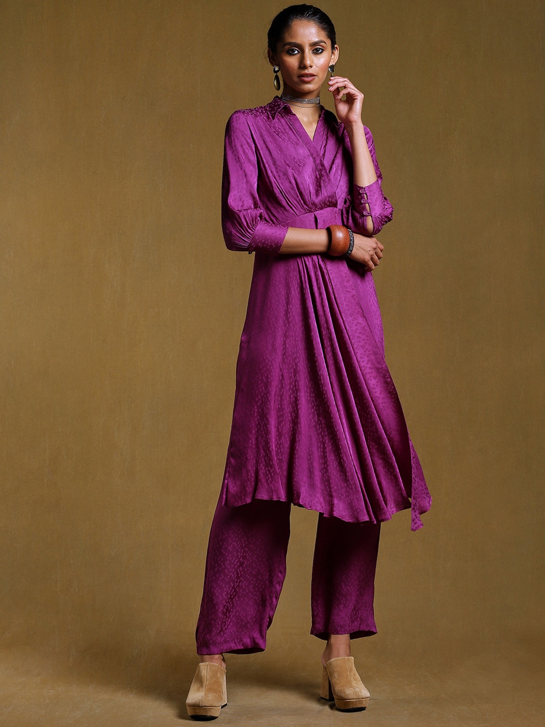

Ritu Kumar Women Purple Self Design Empire Kurta with Trousers