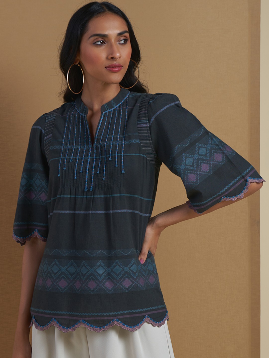 

Ritu Kumar Black & Blue Striped Pure Cotton Pleated Kurti