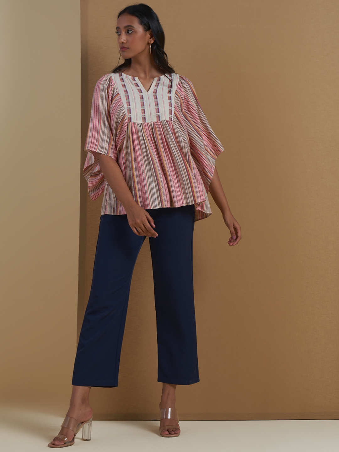 

Ritu Kumar Pink & Off White Striped Flared Sleeves Pure Cotton Pleated Kurti