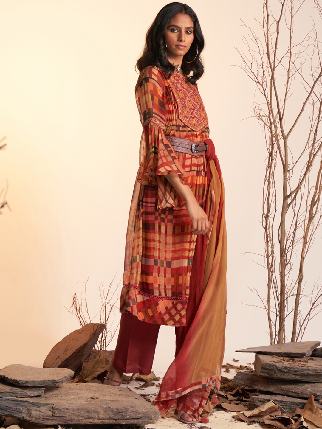 

Ritu Kumar Women Orange Dyed Embroidered Yoke Design Kurta with Trousers & Dupatta