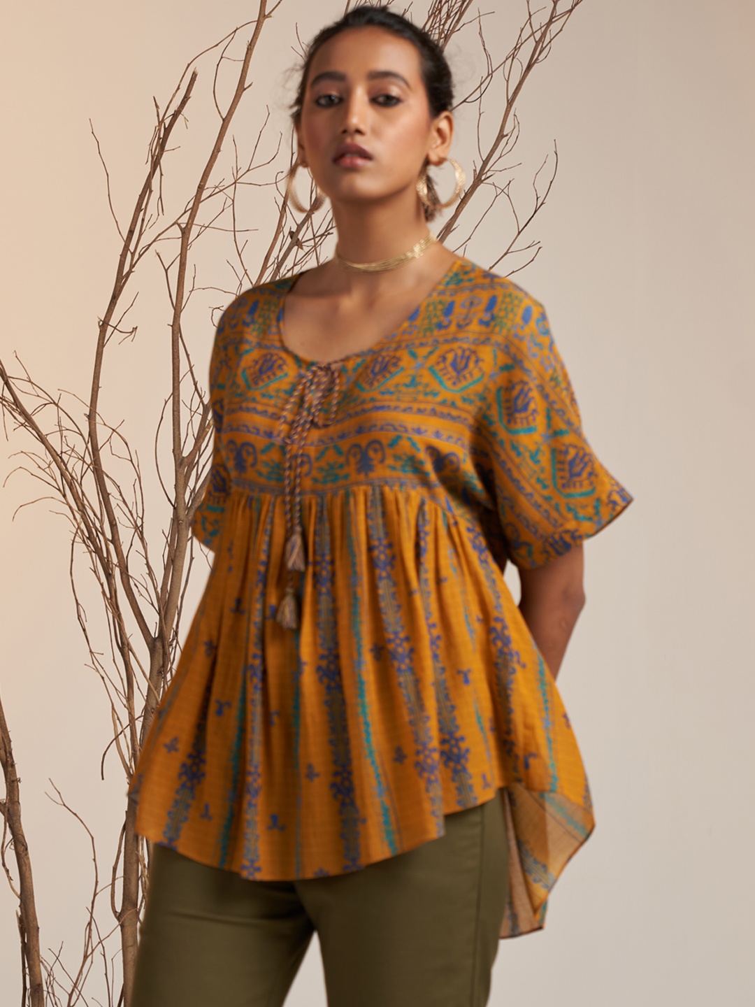 

Ritu Kumar Mustard Yellow & Navy Blue Viscose Rayon Printed Tunic