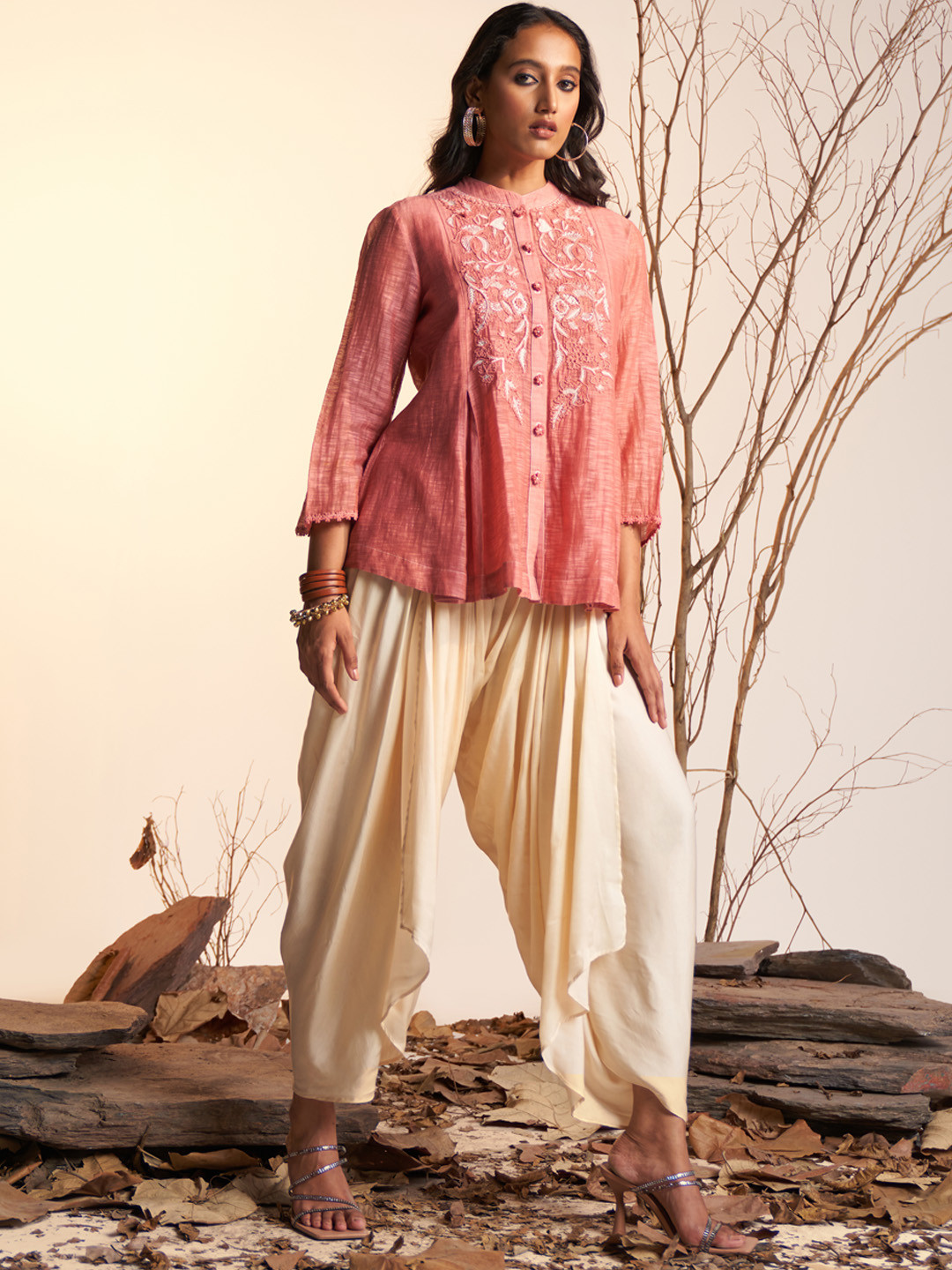 

Ritu Kumar Ethnic Motifs Embroidered Chanderi Silk Pleated Kurti with Camisole, Pink