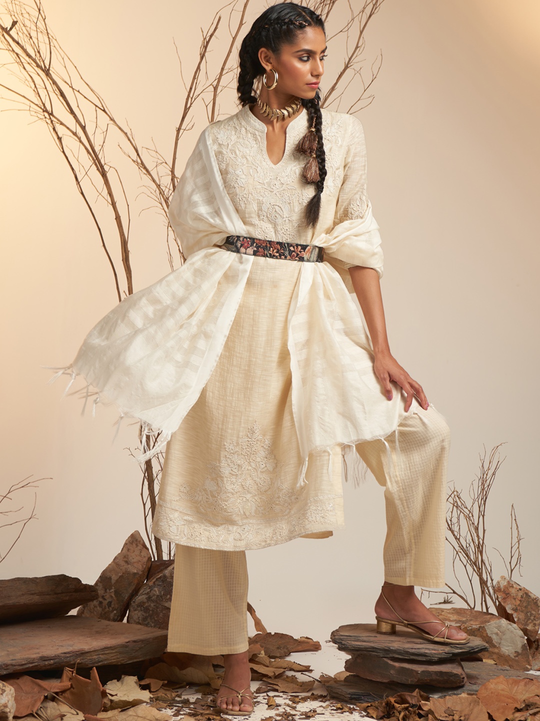 

Ritu Kumar Women Off White Embroidered Yoke Design Kurta with Trousers & Dupatta
