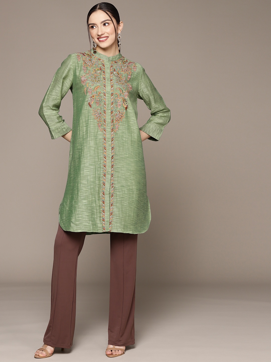 

Ritu Kumar Women Green & Mustard Yellow Ethnic Motifs Embroidered Kurta