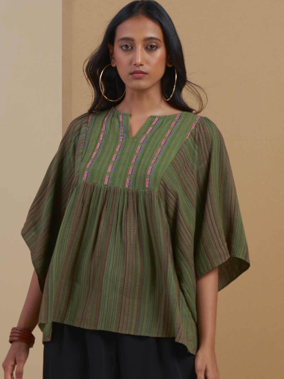 

Ritu Kumar Women Green & Red Striped Flared Sleeves Kurti