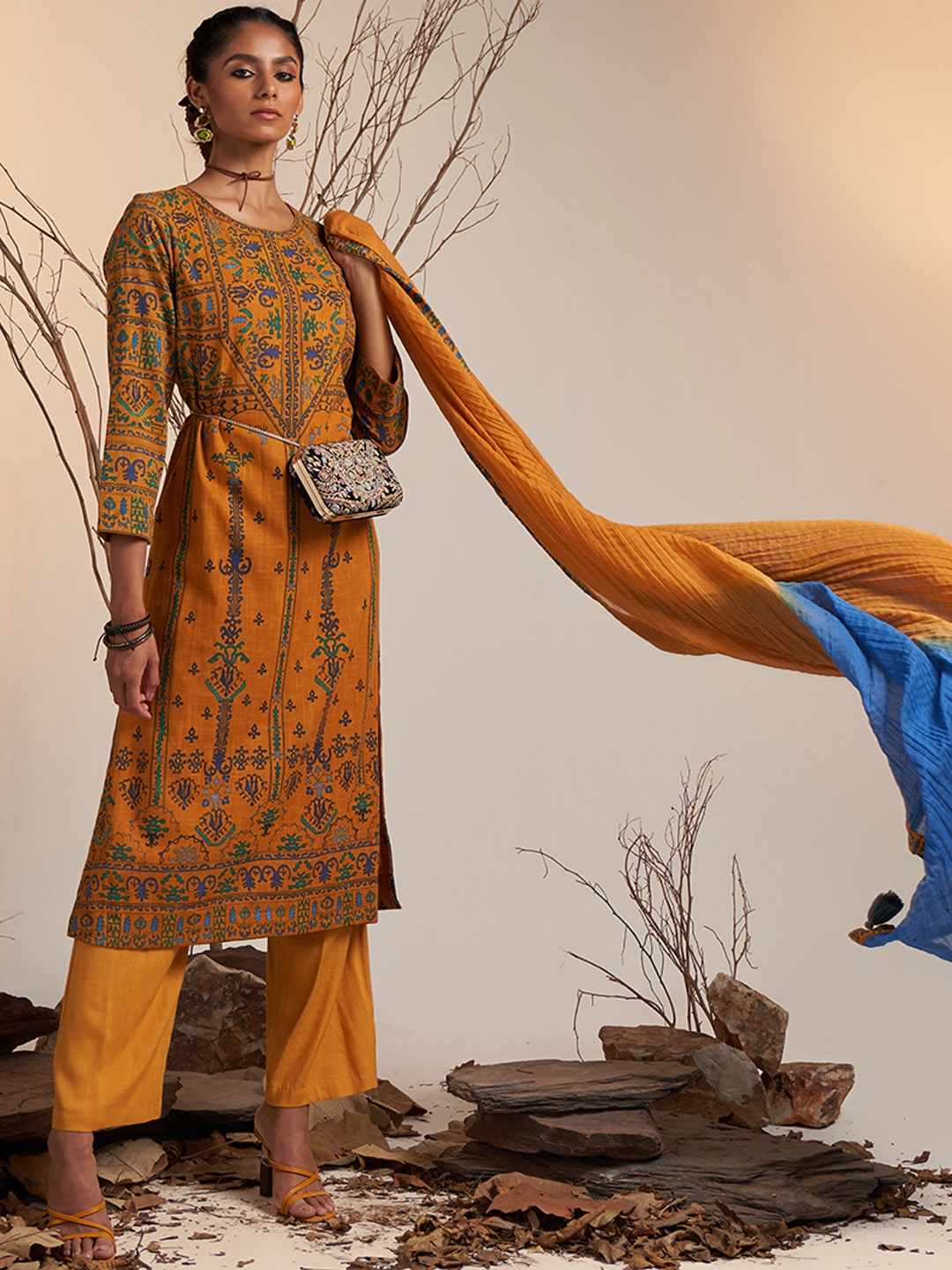 

Ritu Kumar Women Ethnic Motifs Printed Kurta Trousers With Dupatta, Yellow