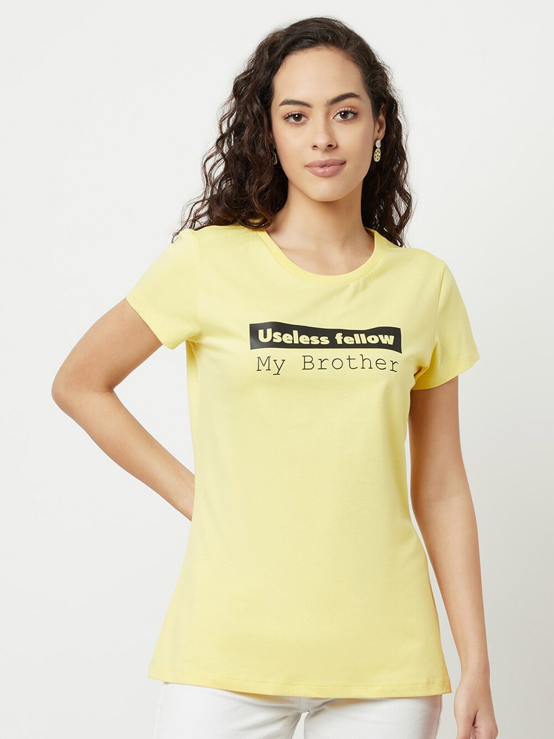 

EDRIO Women Yellow Typography Printed Pure Cotton T-shirt