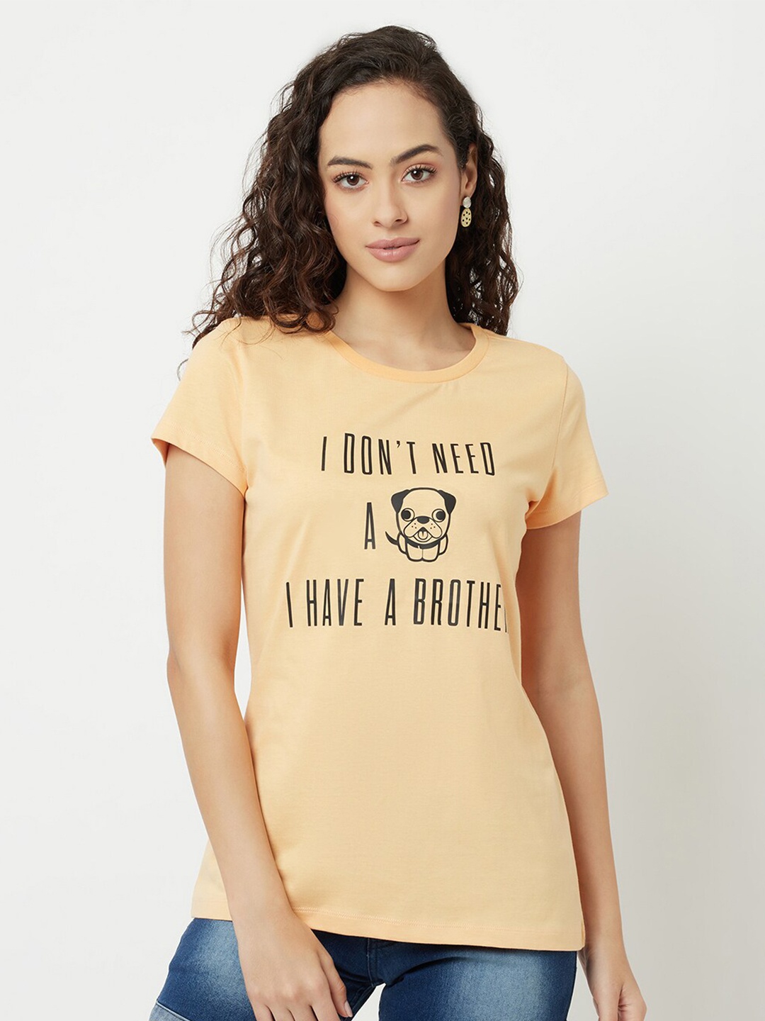 

EDRIO Women Yellow Typography Printed Pure Cotton T-shirt