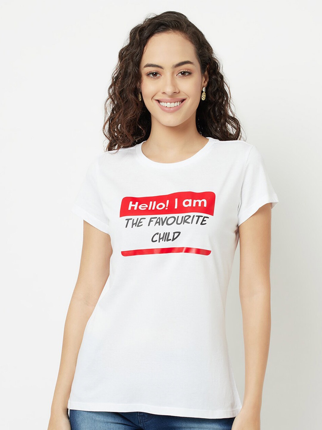 

EDRIO Women White Typography Printed Pure Cotton T-shirt