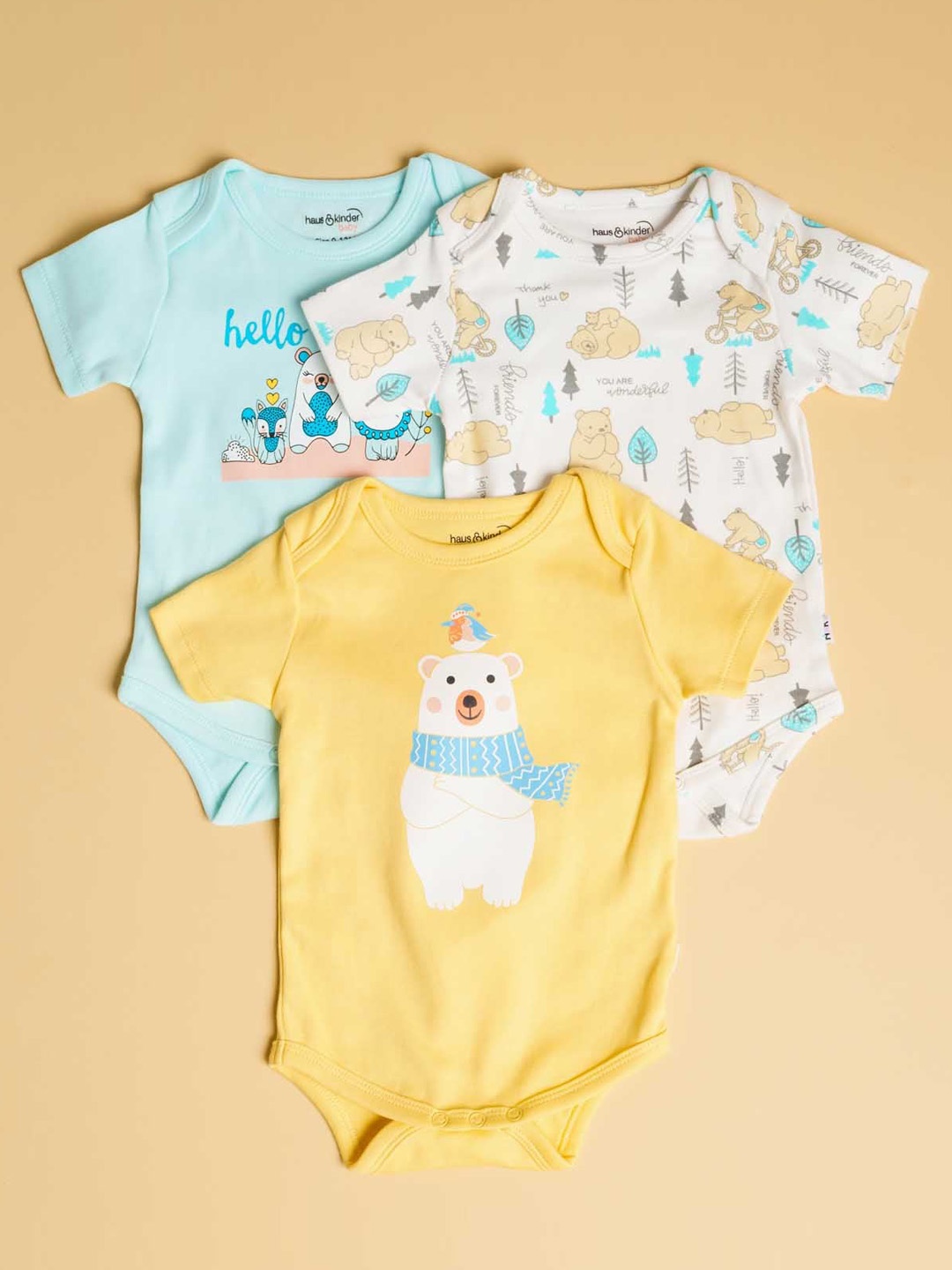 

haus & kinder Kids Unisex Pack of 3 White & Yellow Pure Cotton Printed Bodysuit