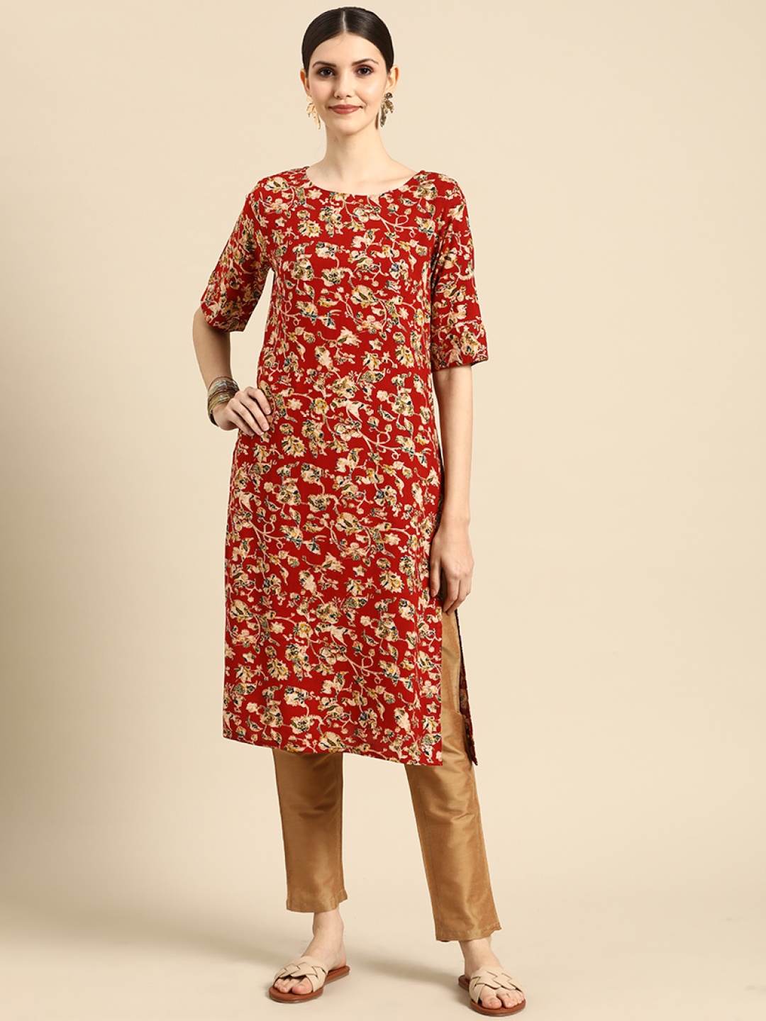 

Anouk Women Red & Beige Floral Printed Floral Kurta