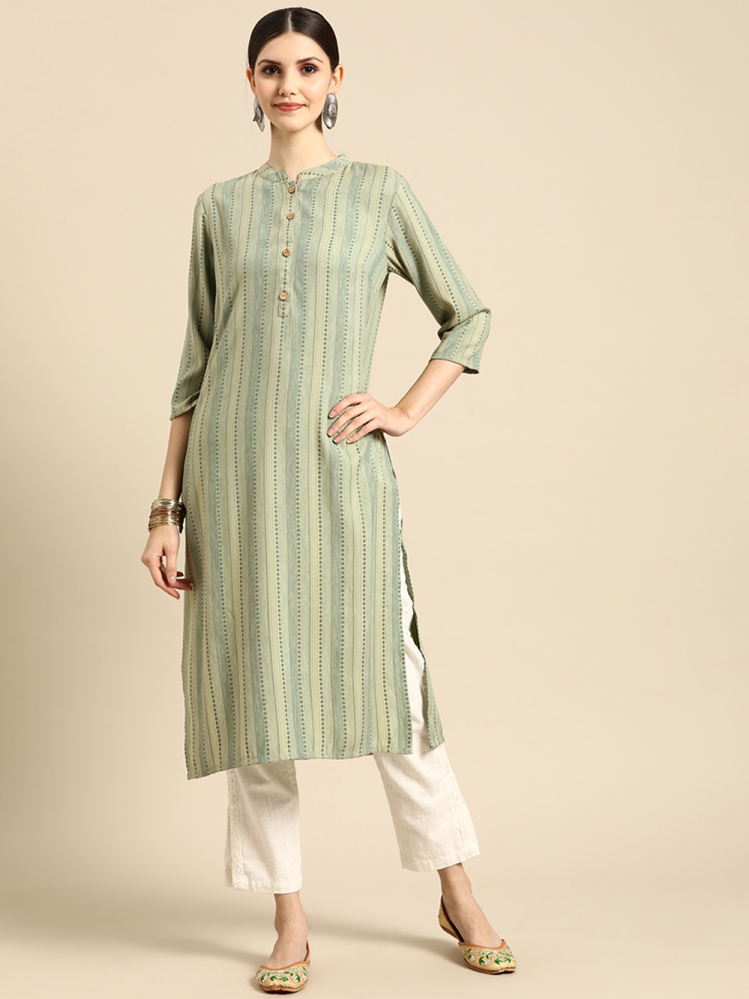 

Anouk Women Teal Striped Kurta