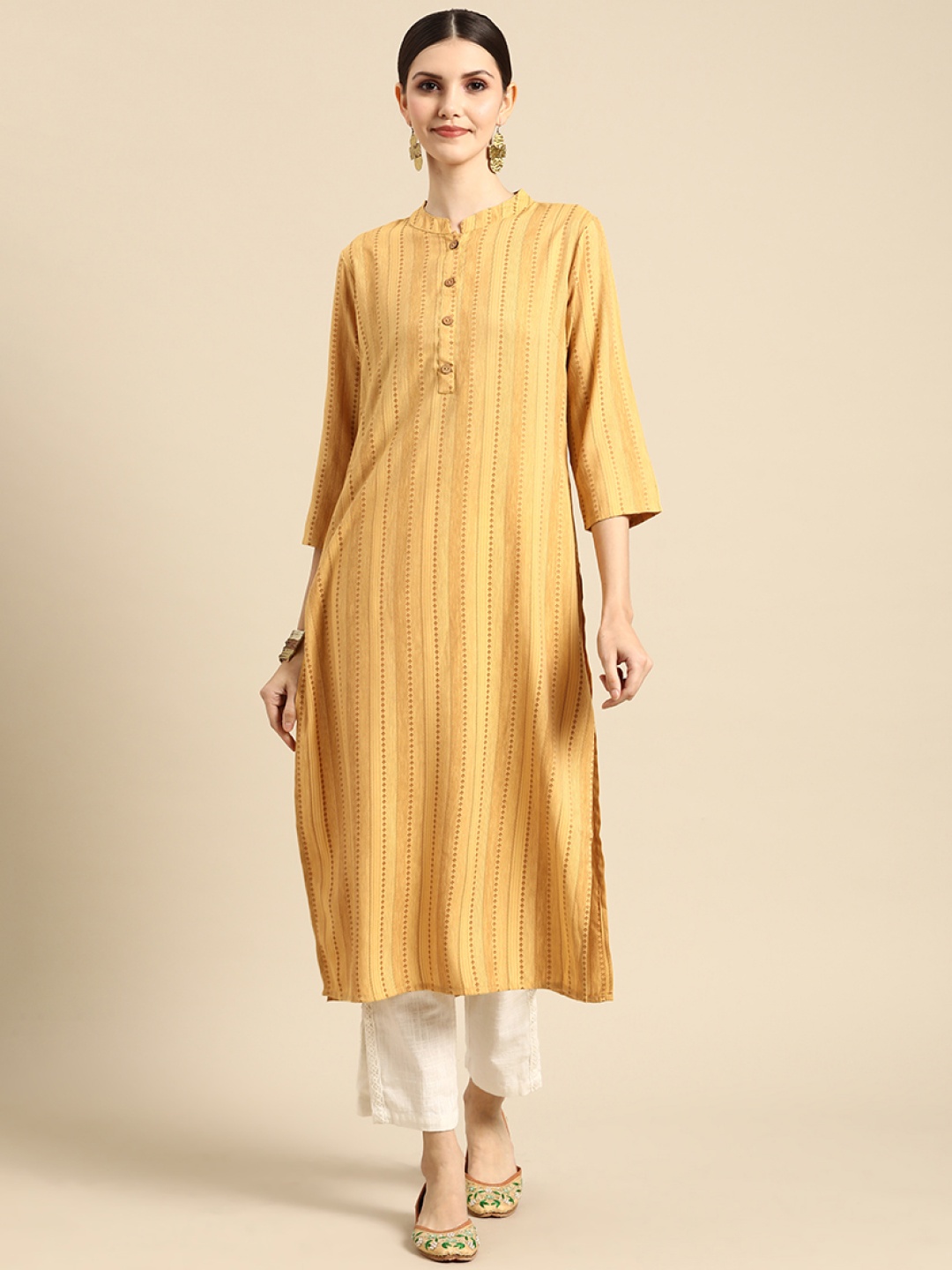 

Anouk Women Mustard Yellow Striped Kurta