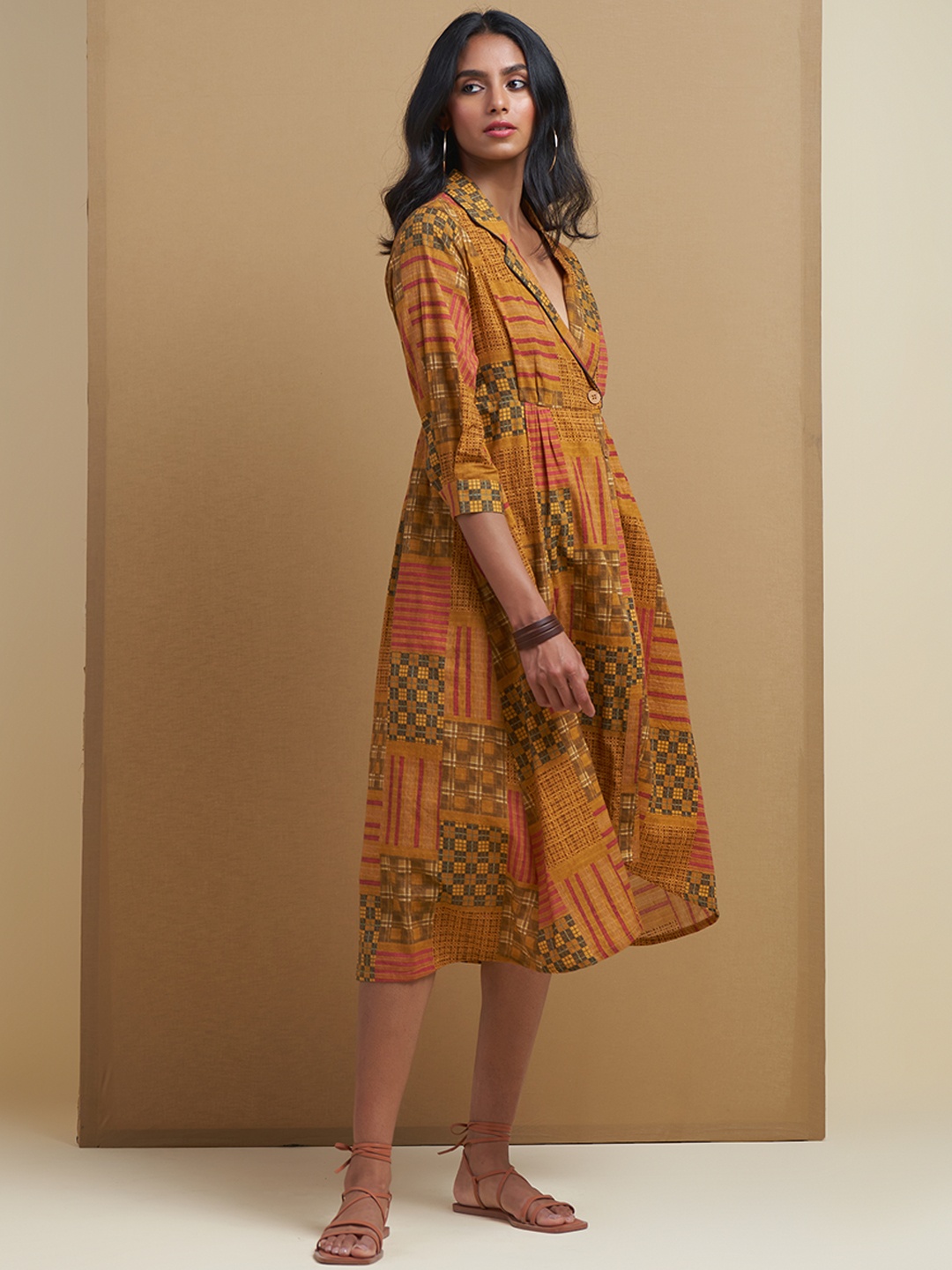 

Ritu Kumar Woman Geometric Print Collard Dress, Mustard