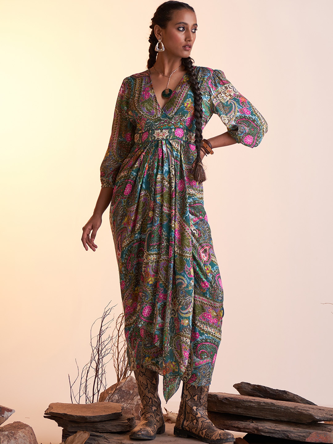 

Ritu Kumar Teal Green & White Paisley Print A-Line Maxi Dress