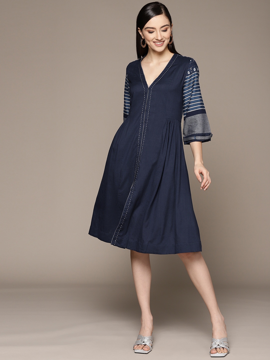 

Ritu Kumar Navy Blue Solid A-Line Midi Dress