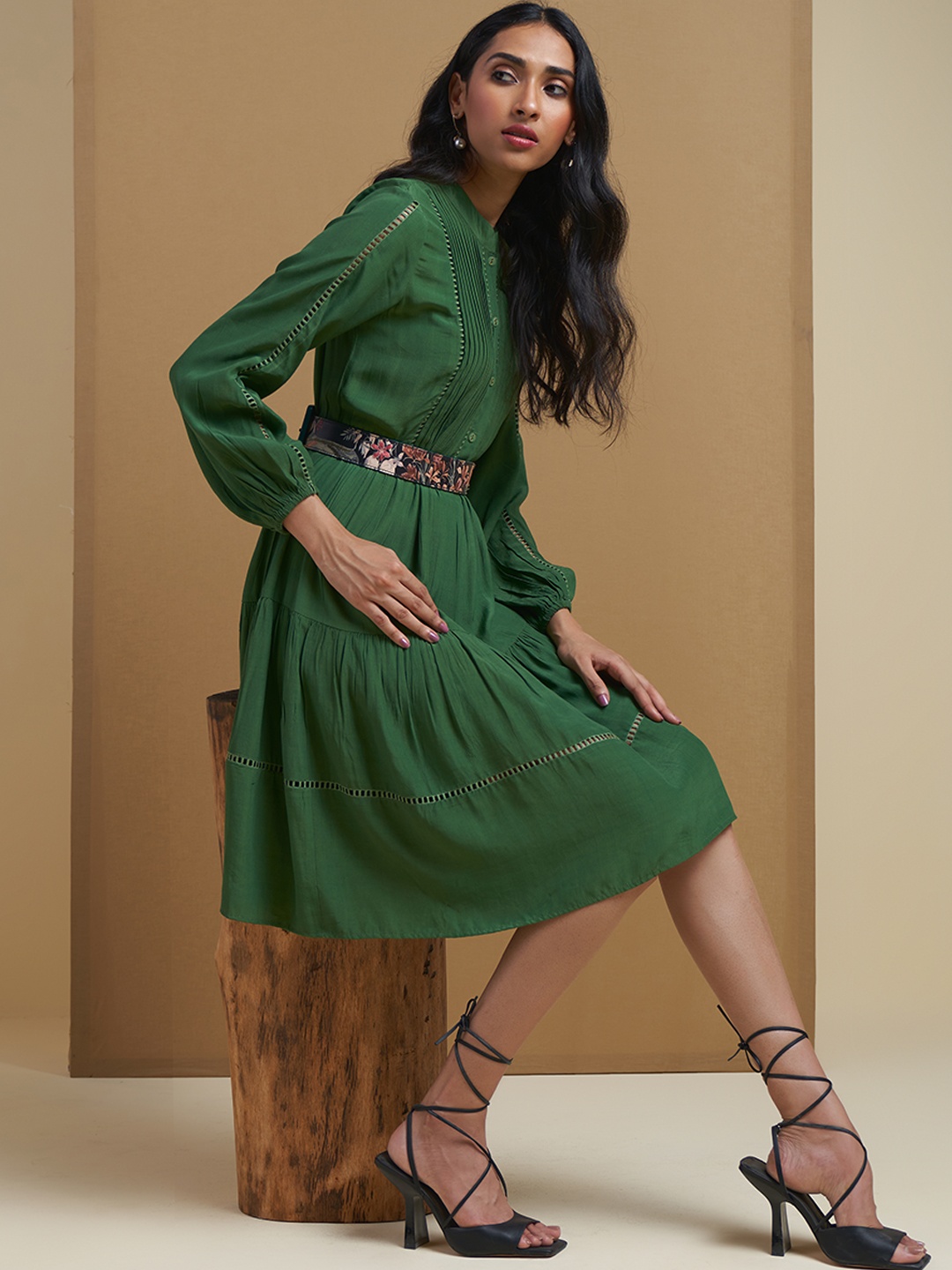 

Ritu Kumar Olive Green Solid Tiered A-Line Midi Dress